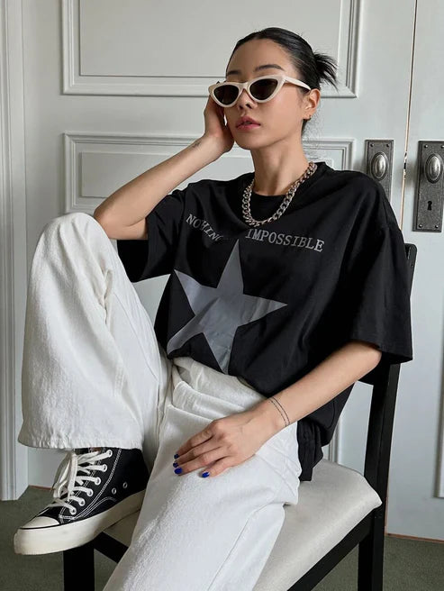 Star & Slogan Graphic Drop Shoulder Tee NOTHING IS IMPOSSIBLE Y2k