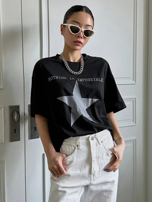 Star & Slogan Graphic Drop Shoulder Tee NOTHING IS IMPOSSIBLE Y2k
