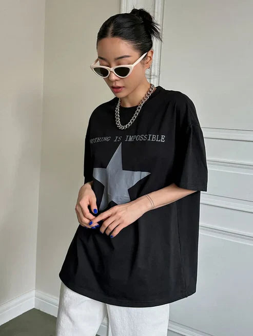 Star & Slogan Graphic Drop Shoulder Tee NOTHING IS IMPOSSIBLE Y2k