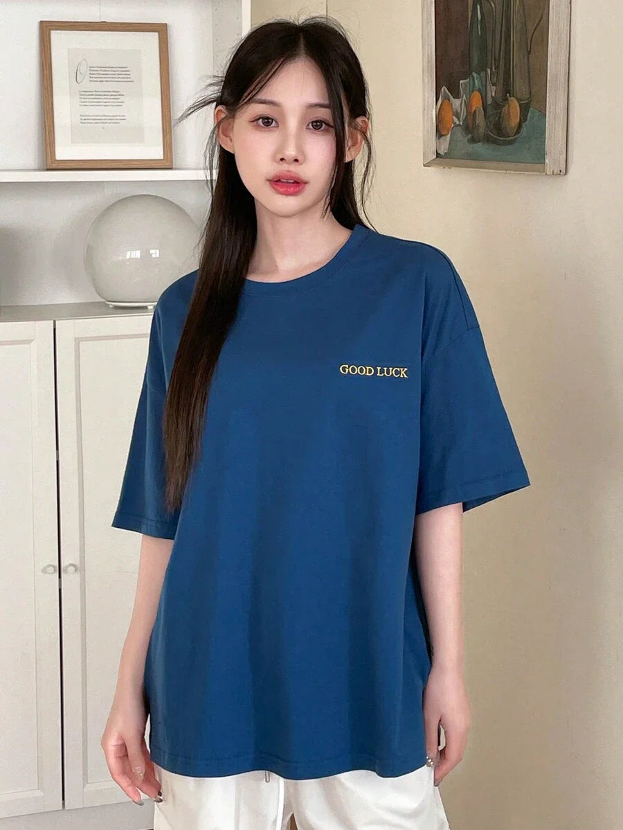 Drop Shoulder Short Sleeve T-Shirt With Printed Letters