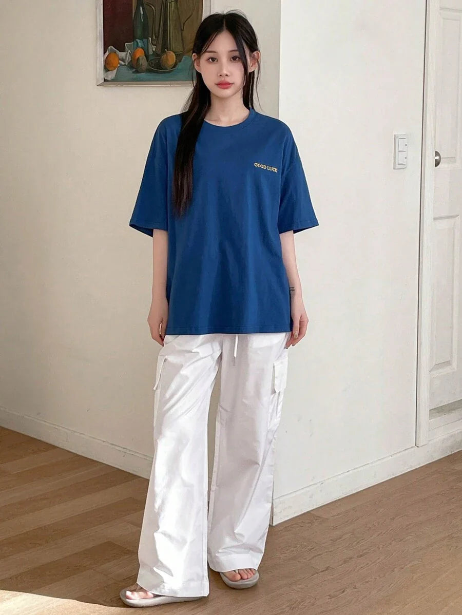 Drop Shoulder Short Sleeve T-Shirt With Printed Letters