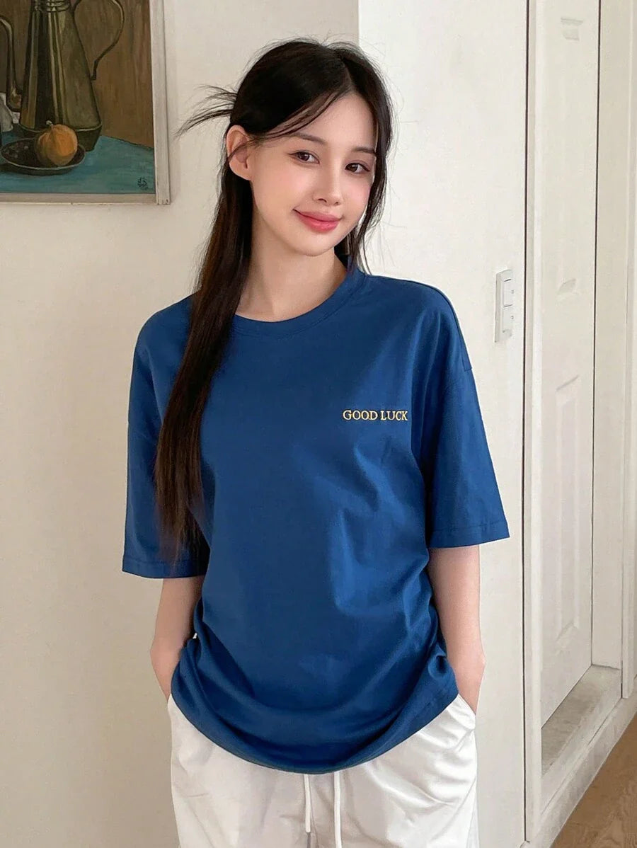 Drop Shoulder Short Sleeve T-Shirt With Printed Letters