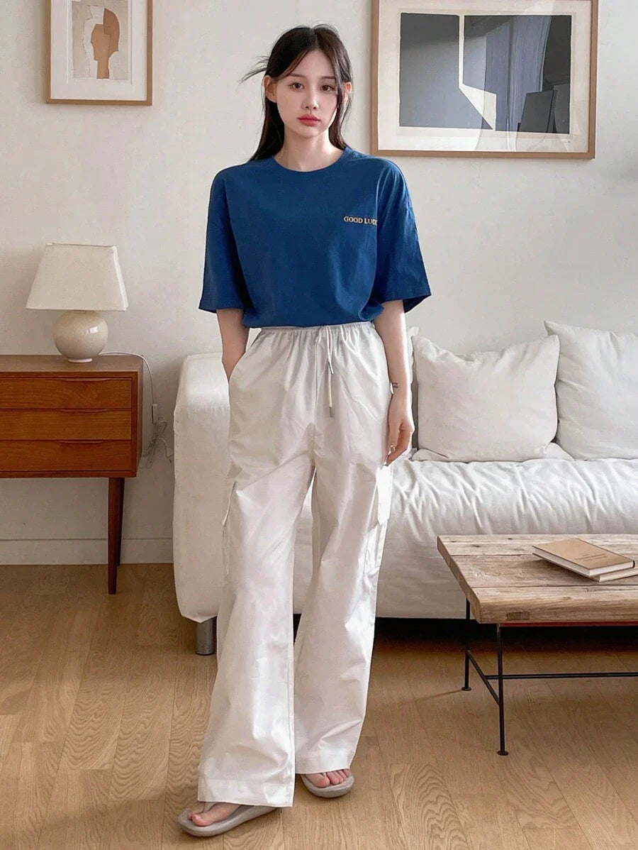 Drop Shoulder Short Sleeve T-Shirt With Printed Letters