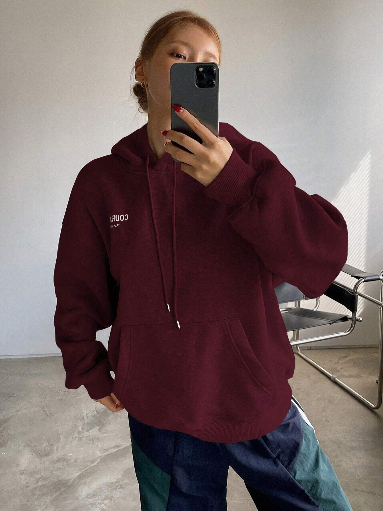Long Sleeve Letter Print Pocket Simple Hooded Casual Sweatshirt