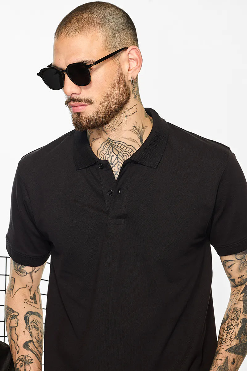 100% Cotton Pique Polo Core Lab T-Shirt Black