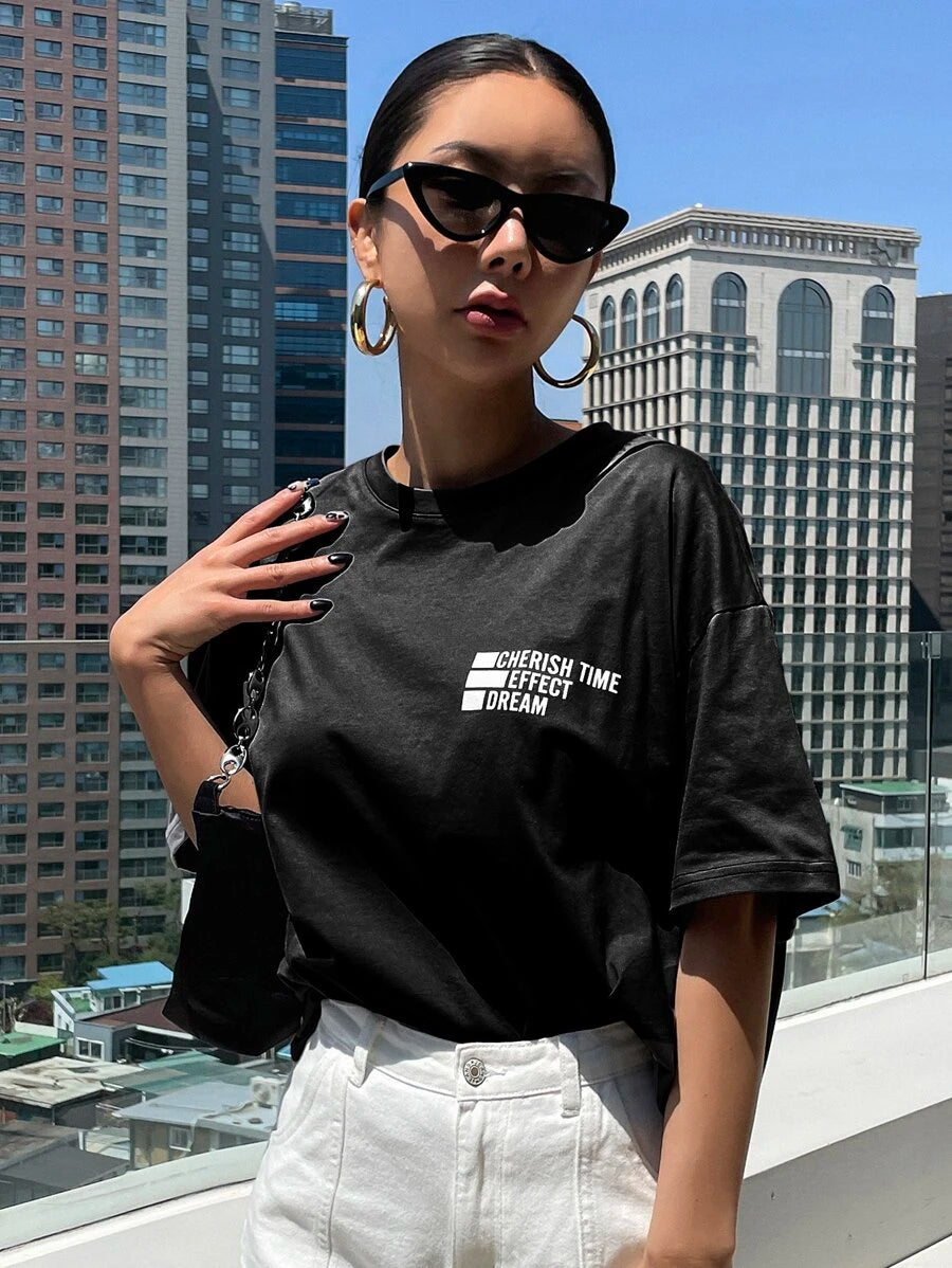 DAZY Letter Graphic Drop Shoulder Tee Oversized T-Shirt
