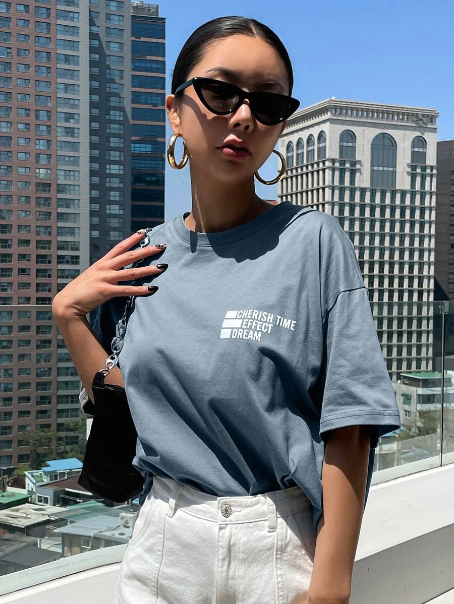 DAZY Letter Graphic Drop Shoulder Tee Oversized T-Shirt
