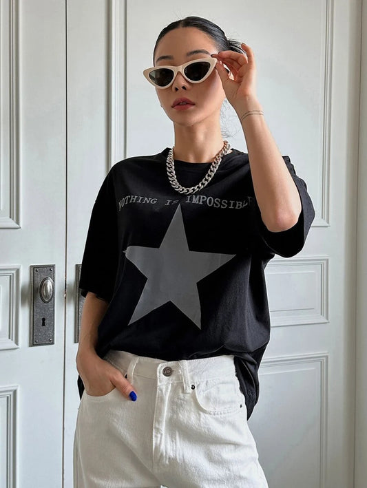 Star & Slogan Graphic Drop Shoulder Tee NOTHING IS IMPOSSIBLE Y2k