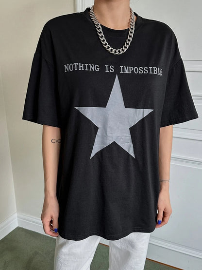 Star & Slogan Graphic Drop Shoulder Tee NOTHING IS IMPOSSIBLE Y2k
