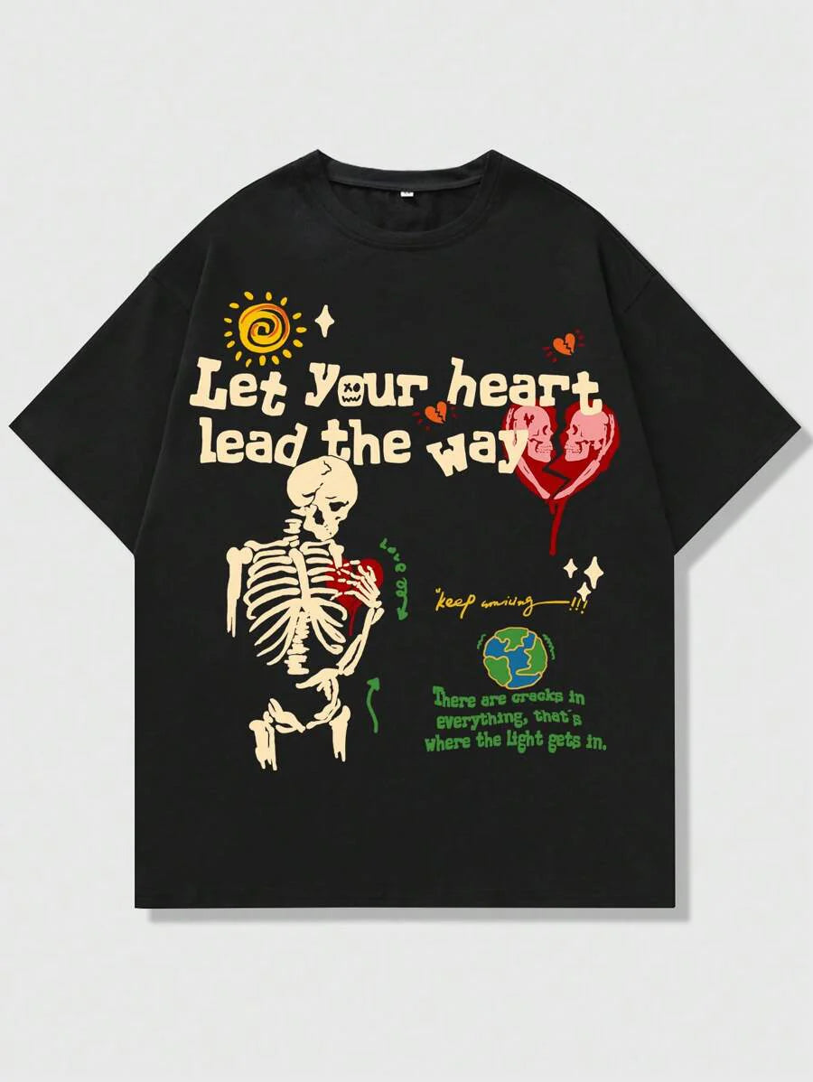 Skull & Slogan Print T-Shirt, School