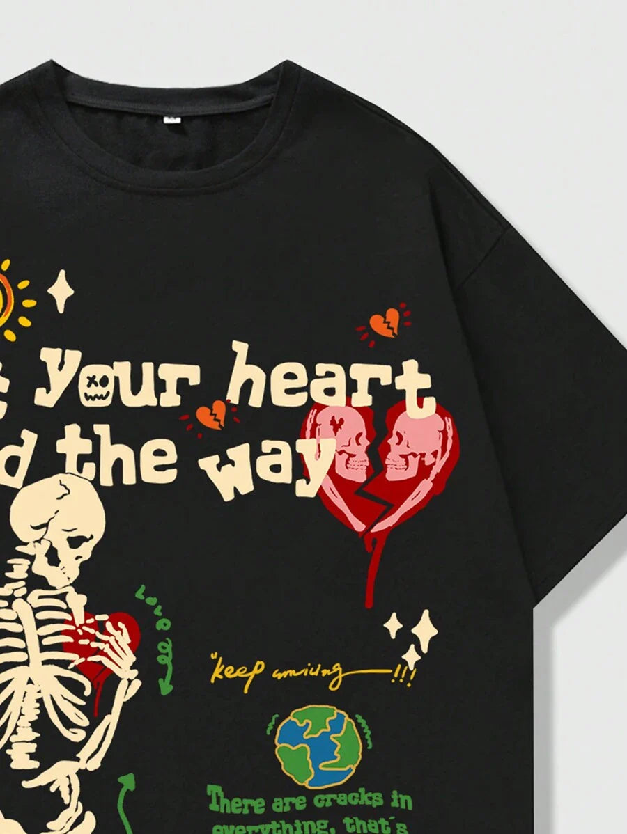 Skull & Slogan Print T-Shirt, School