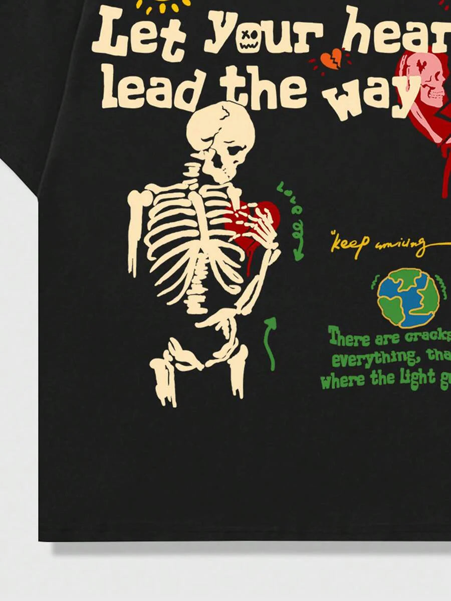Skull & Slogan Print T-Shirt, School