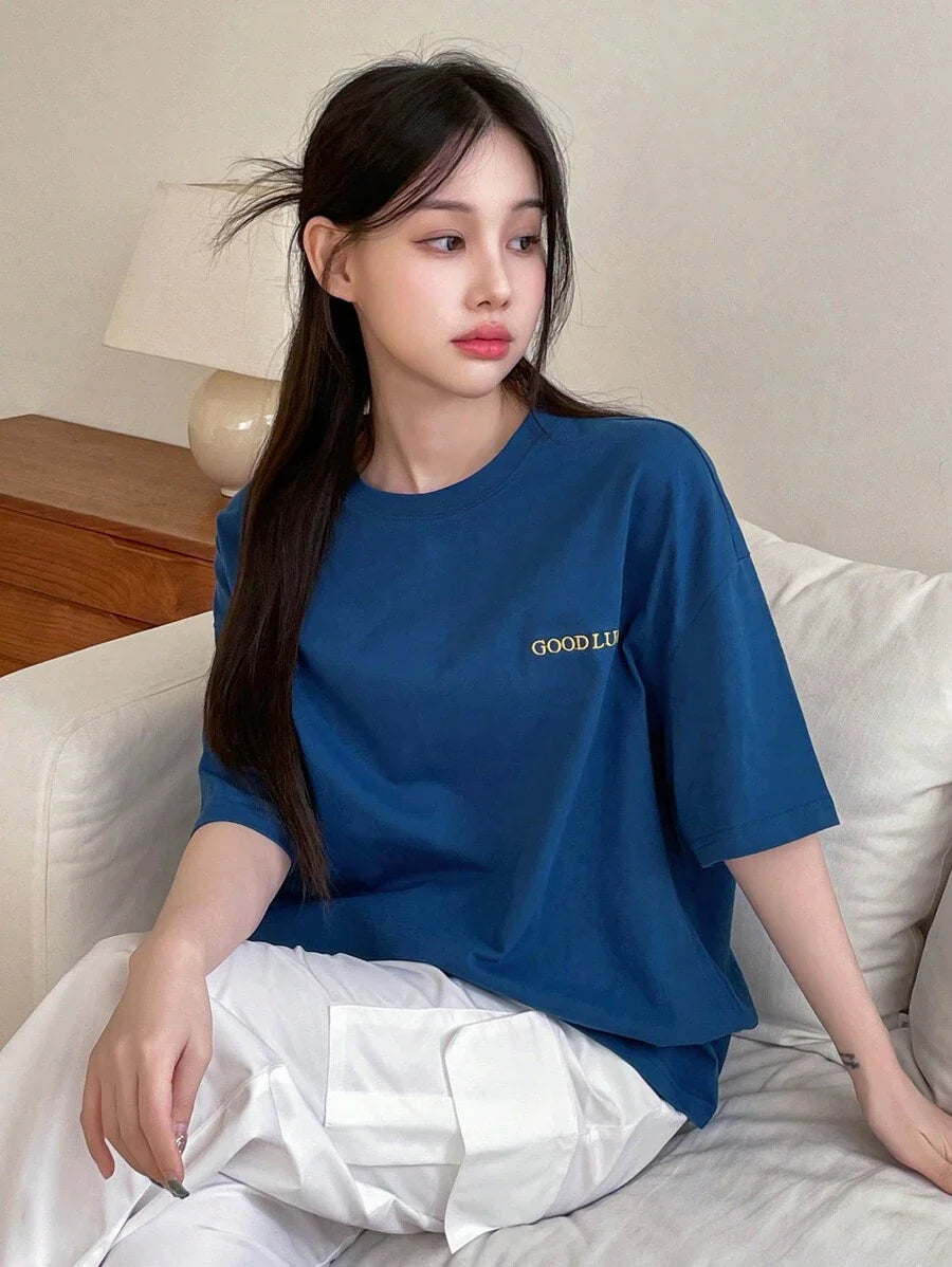 Drop Shoulder Short Sleeve T-Shirt With Printed Letters