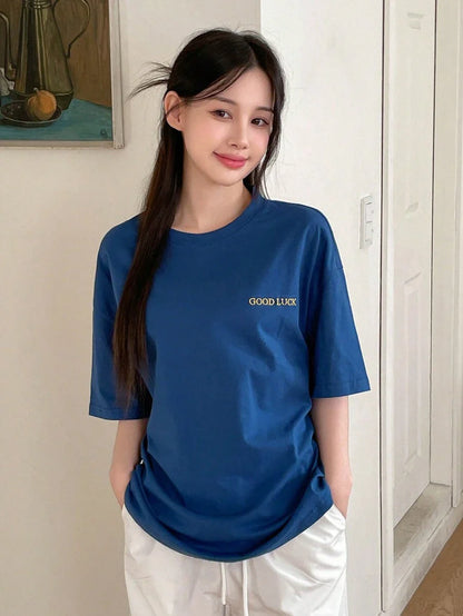 Drop Shoulder Short Sleeve T-Shirt With Printed Letters