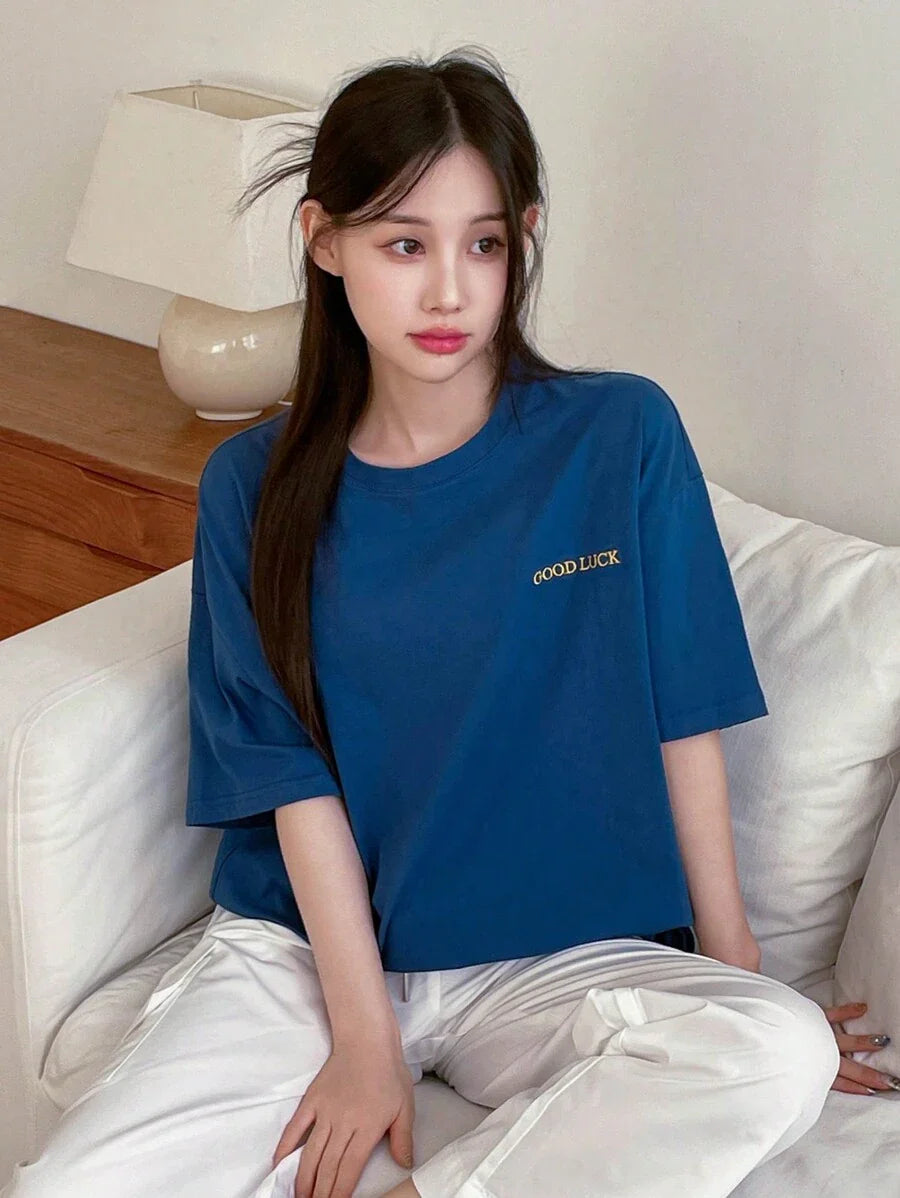 Drop Shoulder Short Sleeve T-Shirt With Printed Letters