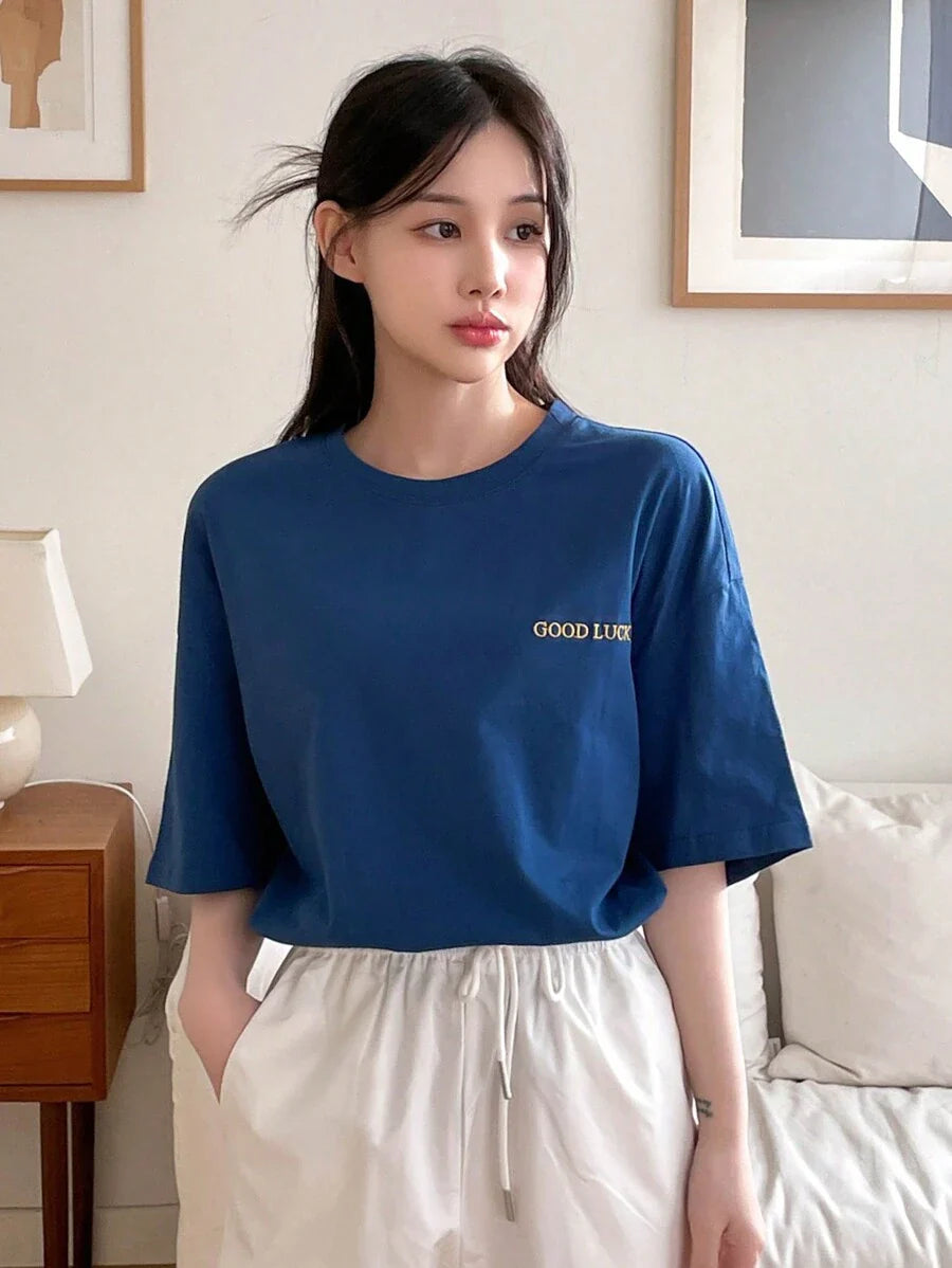 Drop Shoulder Short Sleeve T-Shirt With Printed Letters