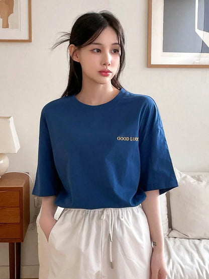 Drop Shoulder Short Sleeve T-Shirt With Printed Letters