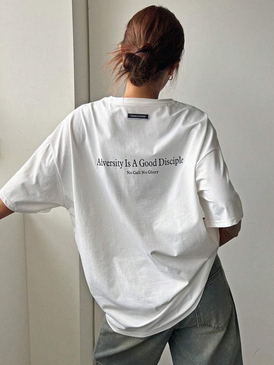 DAZY Women's Slogan Printed Drop Shoulder T-Shirt Adversity Is A Good Disciple No Gall No Glory Oversized T-Shirt School