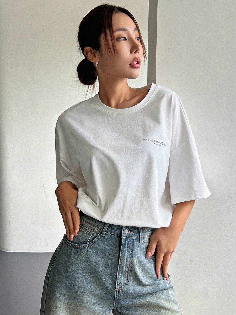 DAZY Women's Slogan Printed Drop Shoulder T-Shirt Adversity Is A Good Disciple No Gall No Glory Oversized T-Shirt School