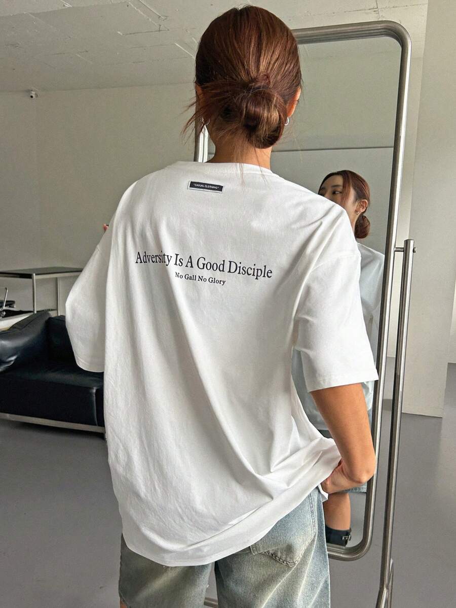 DAZY Women's Slogan Printed Drop Shoulder T-Shirt Adversity Is A Good Disciple No Gall No Glory Oversized T-Shirt School