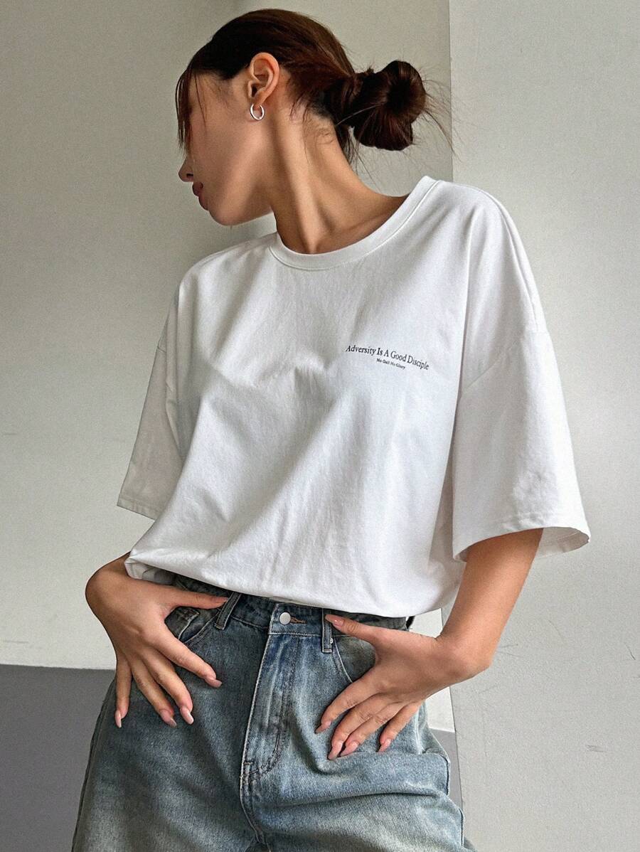 DAZY Women's Slogan Printed Drop Shoulder T-Shirt Adversity Is A Good Disciple No Gall No Glory Oversized T-Shirt School