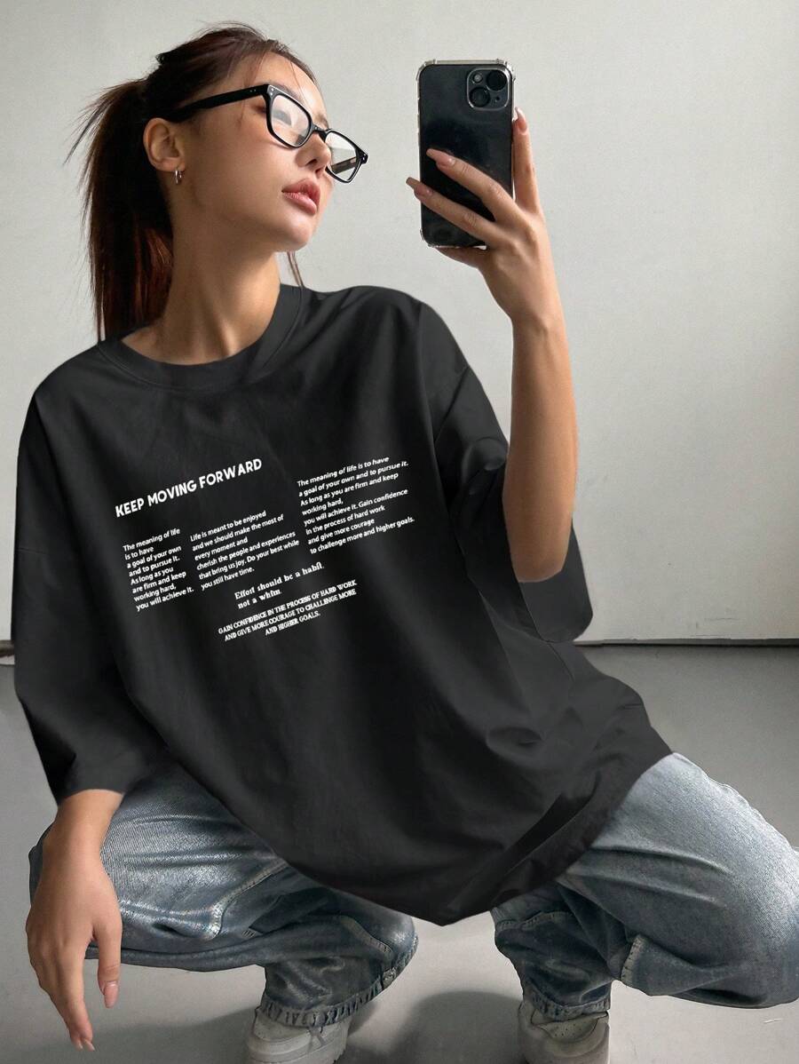 DAZY Women's Summer Loose Fit Round Neck Short Sleeve T-Shirt With Slogan Print KEEP MOVING FORWARD Oversized T-Shirt,Graphic Tees School