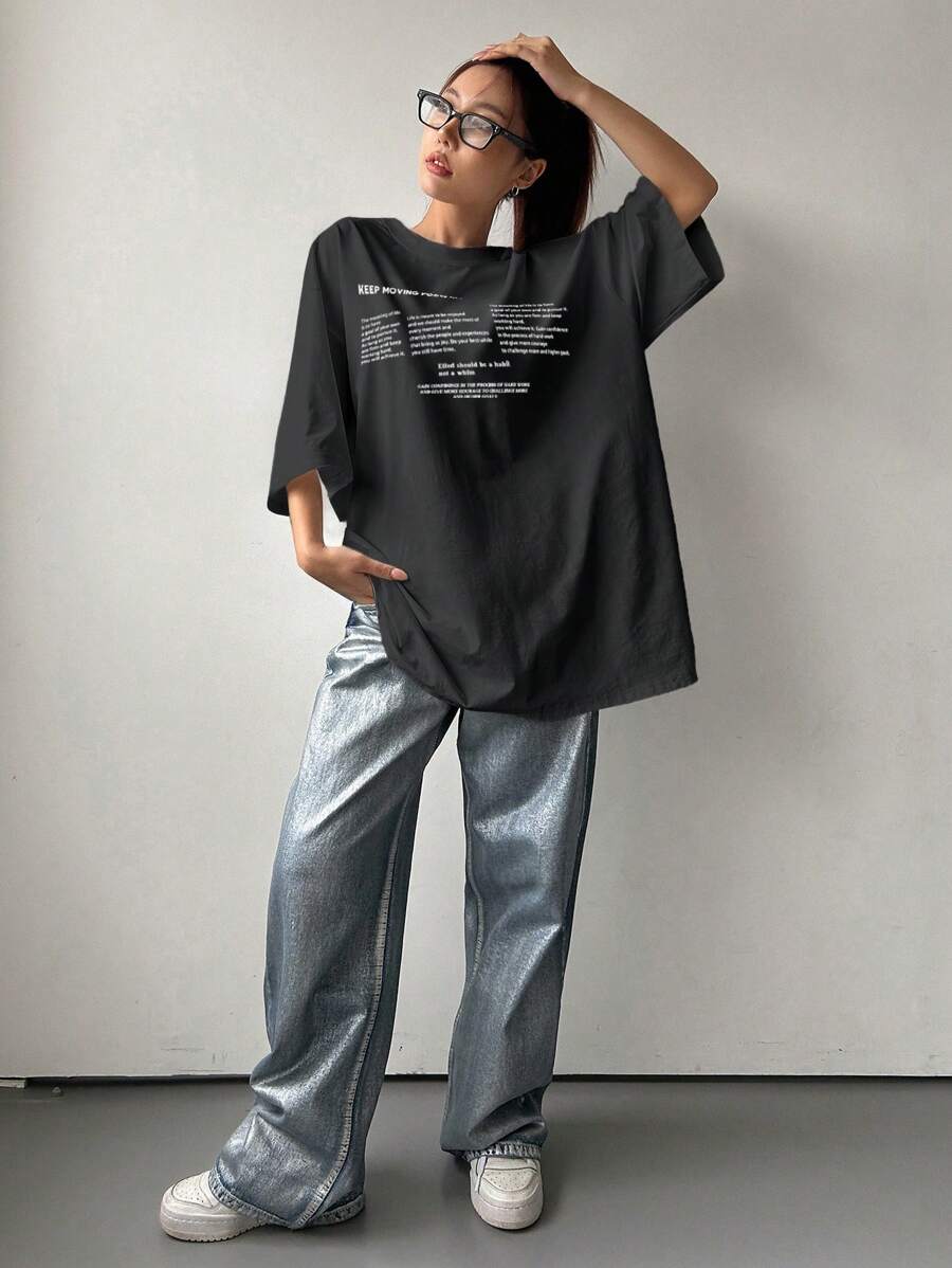 DAZY Women's Summer Loose Fit Round Neck Short Sleeve T-Shirt With Slogan Print KEEP MOVING FORWARD Oversized T-Shirt,Graphic Tees School