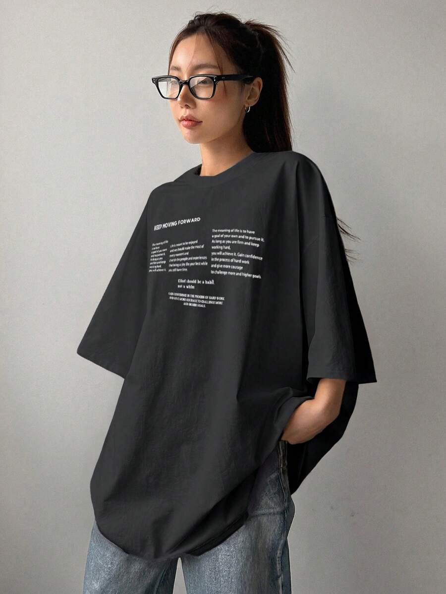 DAZY Women's Summer Loose Fit Round Neck Short Sleeve T-Shirt With Slogan Print KEEP MOVING FORWARD Oversized T-Shirt,Graphic Tees School