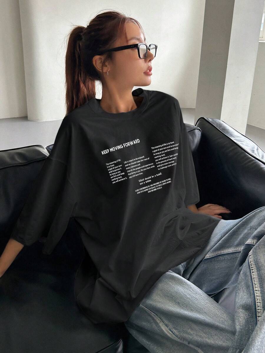 DAZY Women's Summer Loose Fit Round Neck Short Sleeve T-Shirt With Slogan Print KEEP MOVING FORWARD Oversized T-Shirt,Graphic Tees School