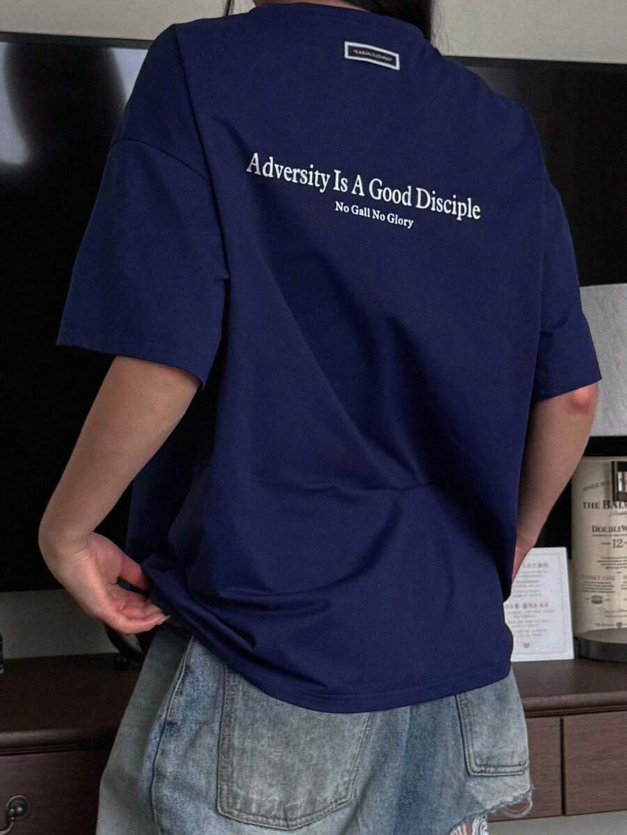 DAZY Women's Slogan Printed Drop Shoulder T-Shirt Adversity Is A Good Disciple No Gall No Glory Oversized T-Shirt School
