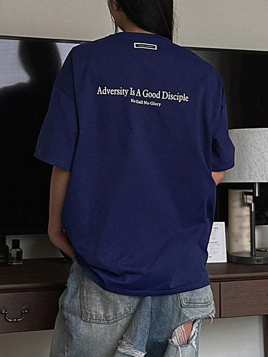 DAZY Women's Slogan Printed Drop Shoulder T-Shirt Adversity Is A Good Disciple No Gall No Glory Oversized T-Shirt School