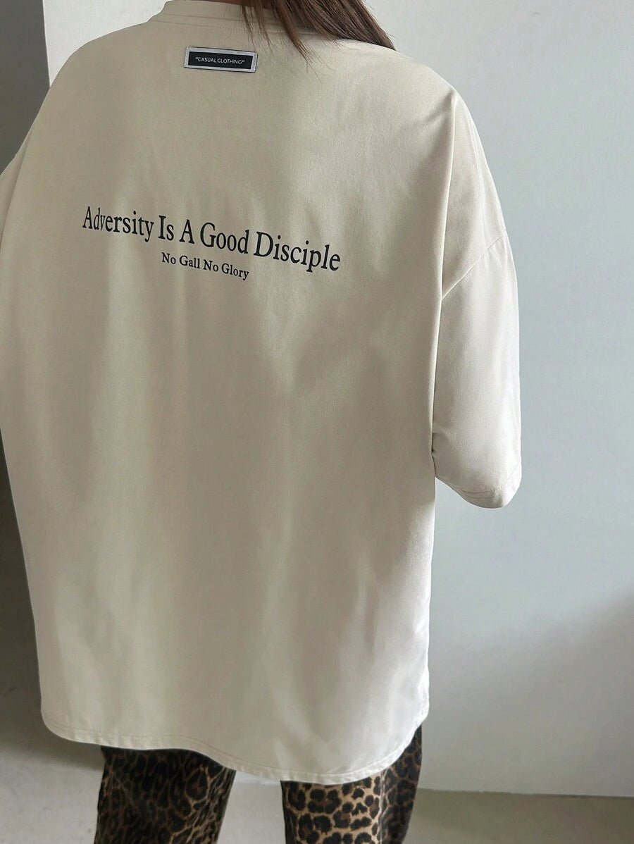 DAZY Women's Slogan Printed Drop Shoulder T-Shirt Adversity Is A Good Disciple No Gall No Glory Oversized T-Shirt School