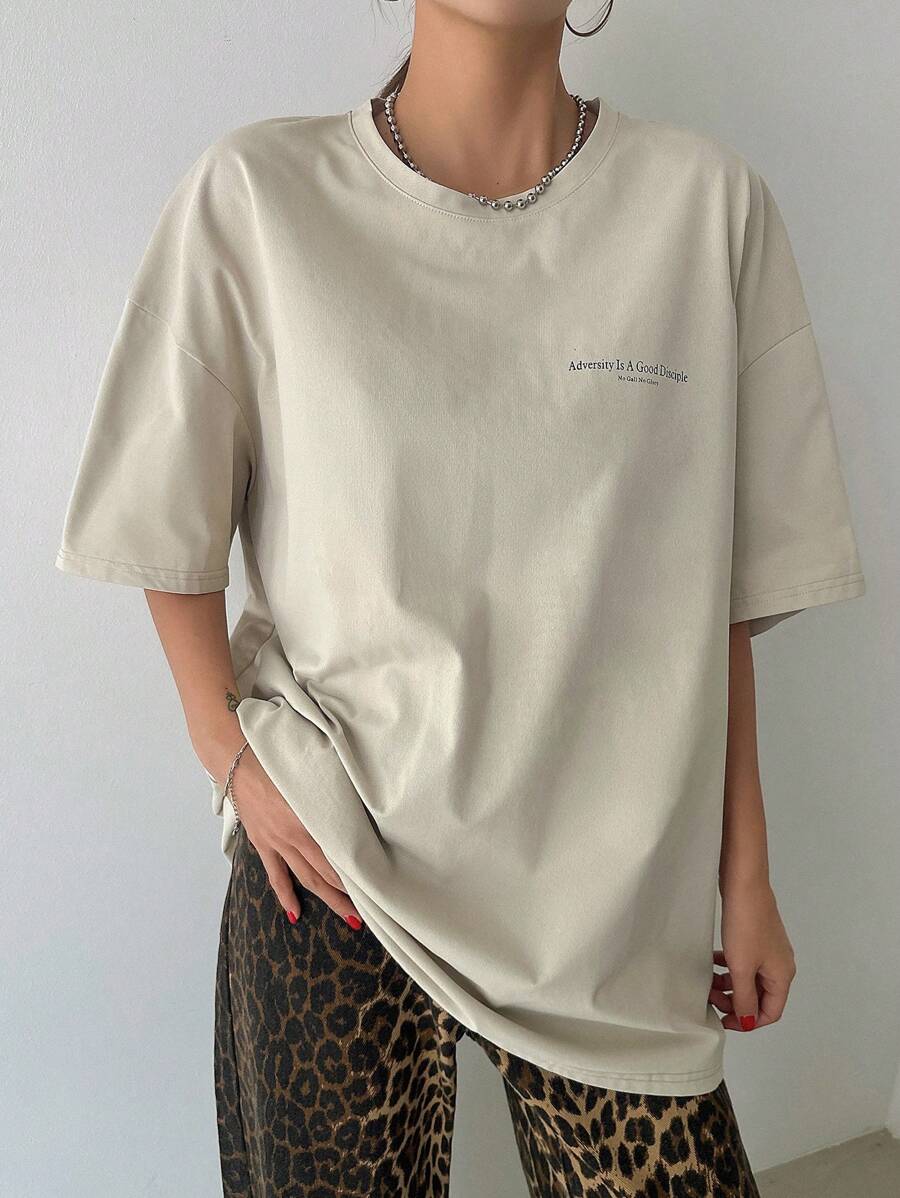 DAZY Women's Slogan Printed Drop Shoulder T-Shirt Adversity Is A Good Disciple No Gall No Glory Oversized T-Shirt School