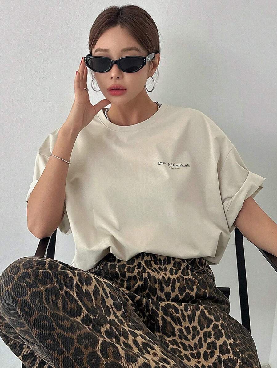 DAZY Women's Slogan Printed Drop Shoulder T-Shirt Adversity Is A Good Disciple No Gall No Glory Oversized T-Shirt School