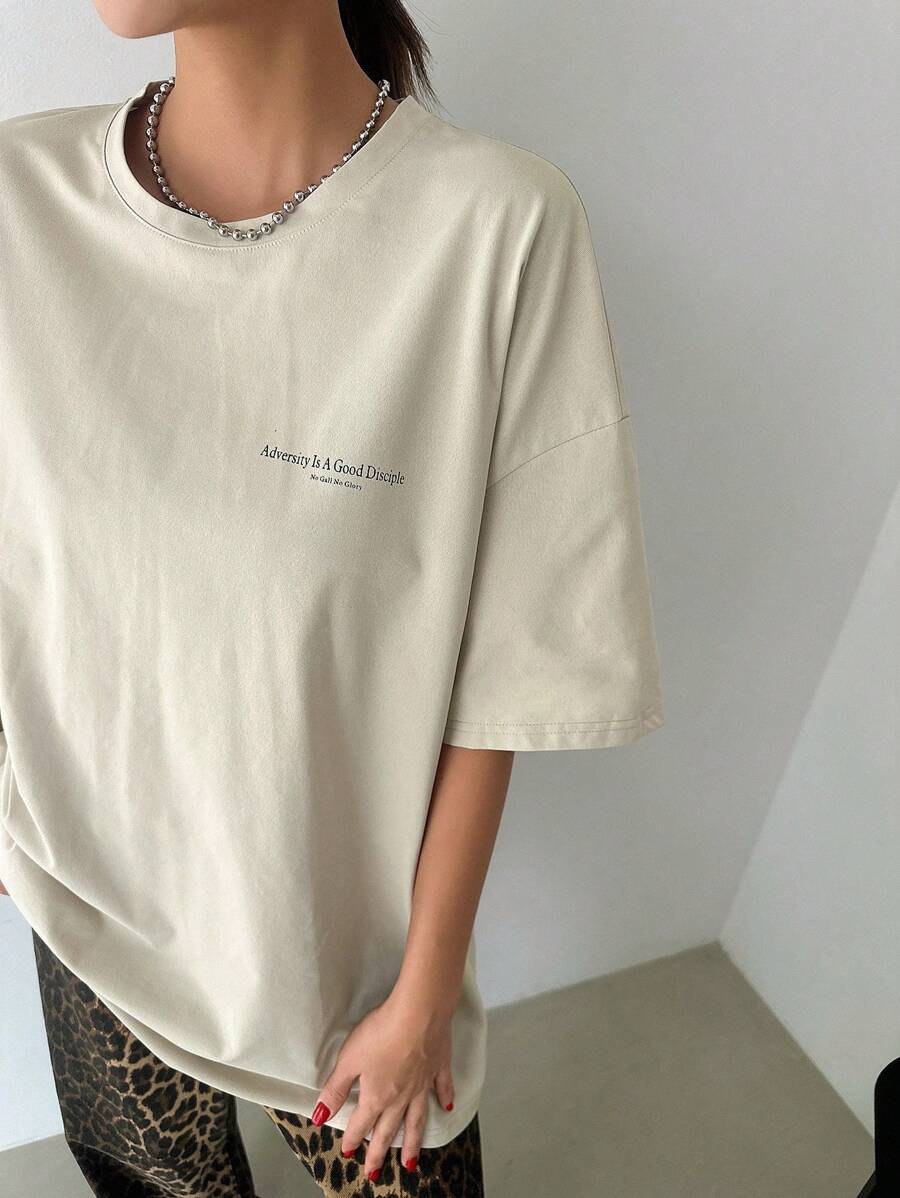 DAZY Women's Slogan Printed Drop Shoulder T-Shirt Adversity Is A Good Disciple No Gall No Glory Oversized T-Shirt School