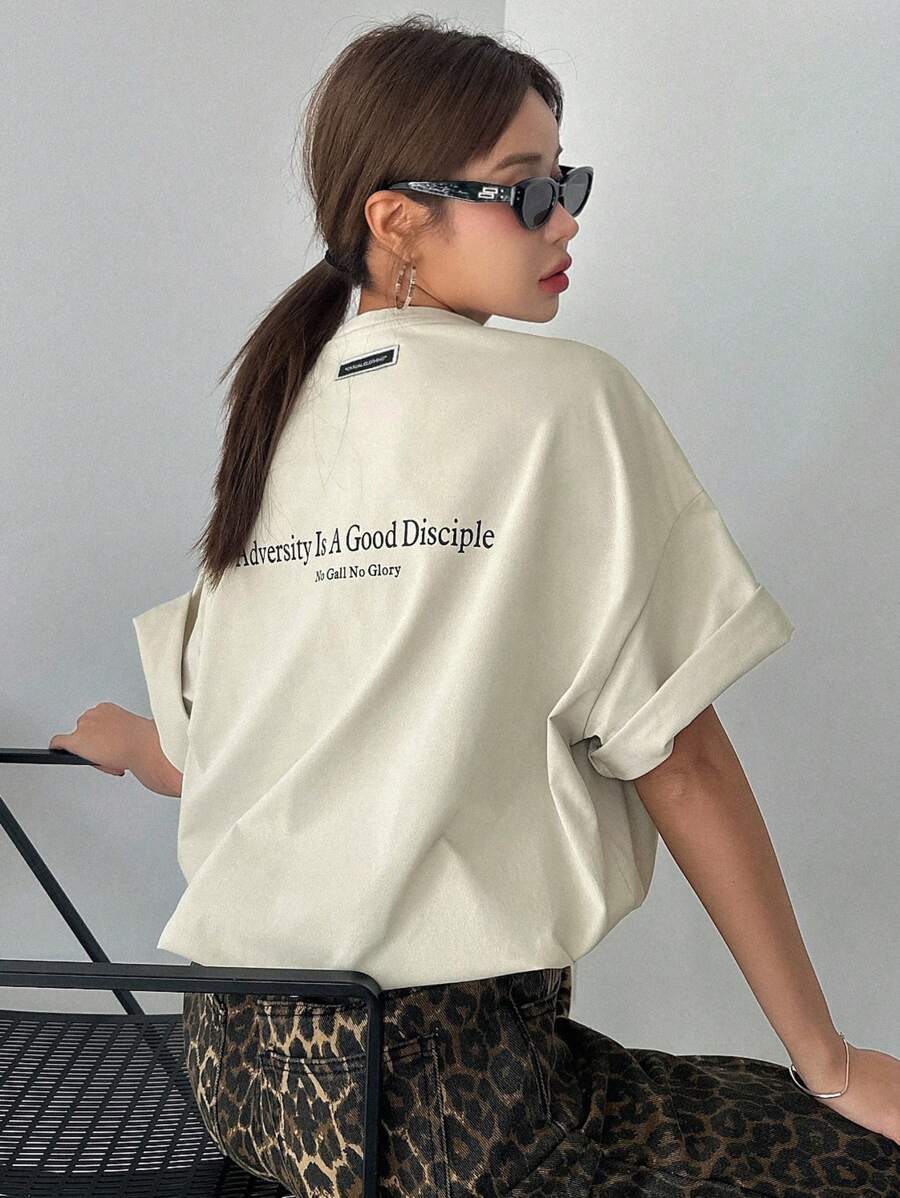DAZY Women's Slogan Printed Drop Shoulder T-Shirt Adversity Is A Good Disciple No Gall No Glory Oversized T-Shirt School