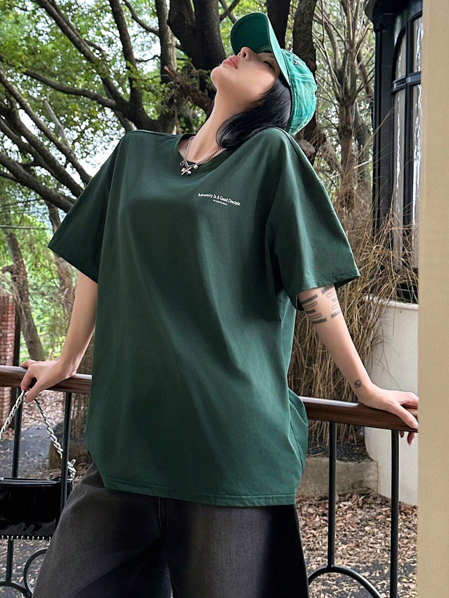 DAZY Women's Slogan Printed Drop Shoulder T-Shirt Adversity Is A Good Disciple No Gall No Glory Oversized T-Shirt School