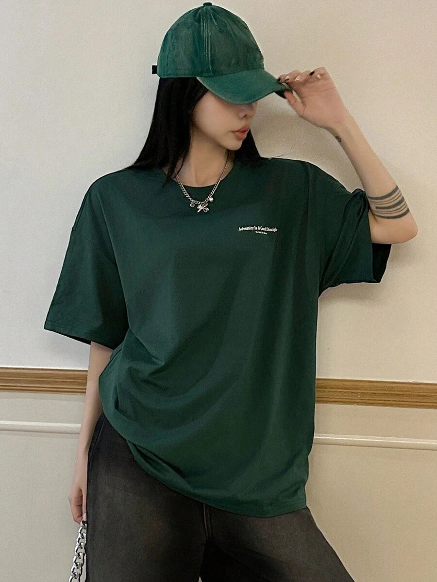 DAZY Women's Slogan Printed Drop Shoulder T-Shirt Adversity Is A Good Disciple No Gall No Glory Oversized T-Shirt School