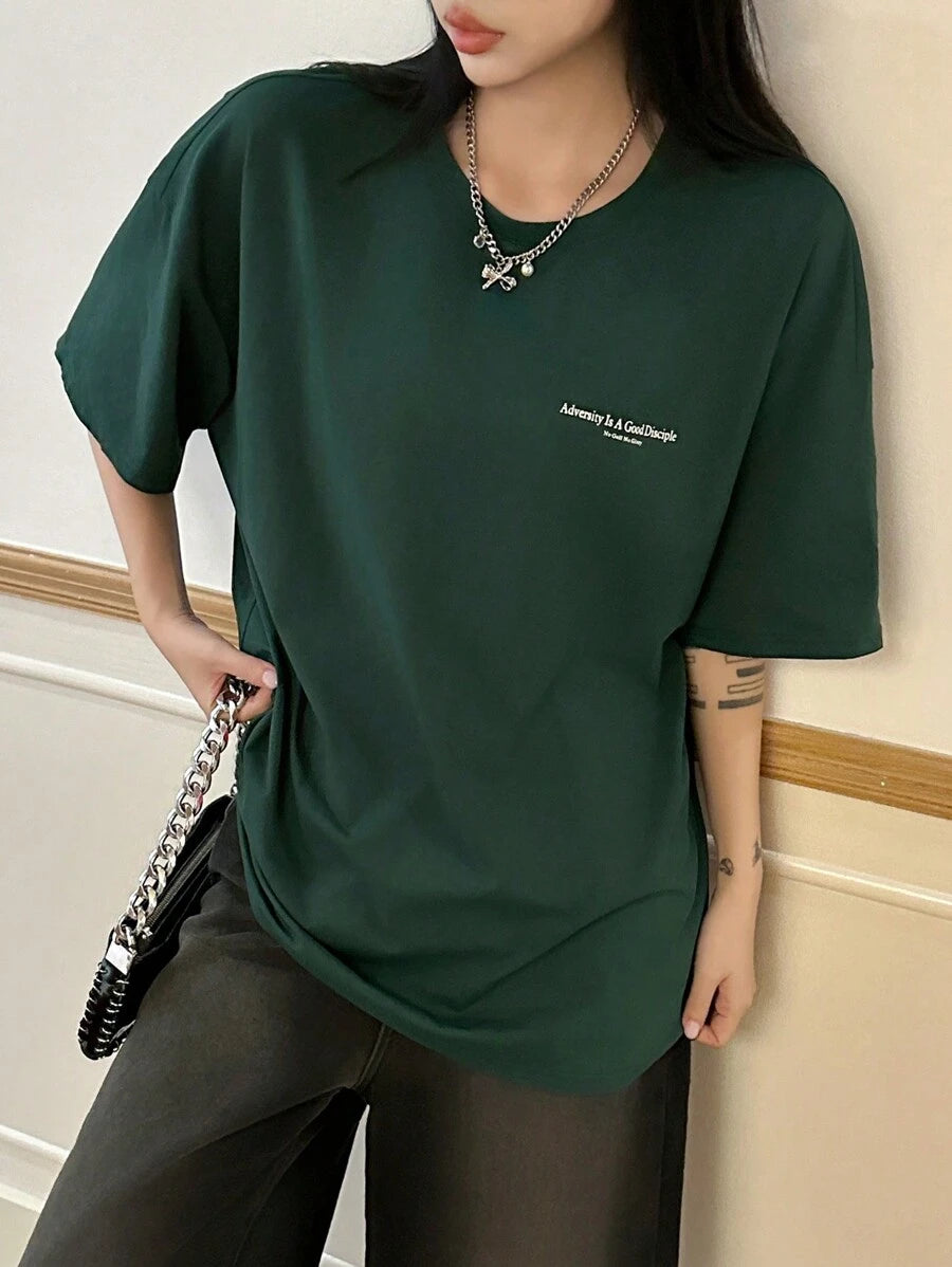 DAZY Women's Slogan Printed Drop Shoulder T-Shirt Adversity Is A Good Disciple No Gall No Glory Oversized T-Shirt School