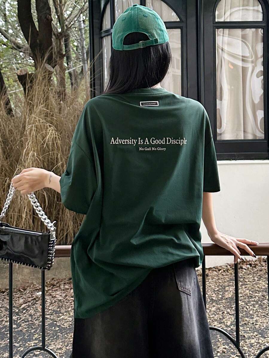 DAZY Women's Slogan Printed Drop Shoulder T-Shirt Adversity Is A Good Disciple No Gall No Glory Oversized T-Shirt School