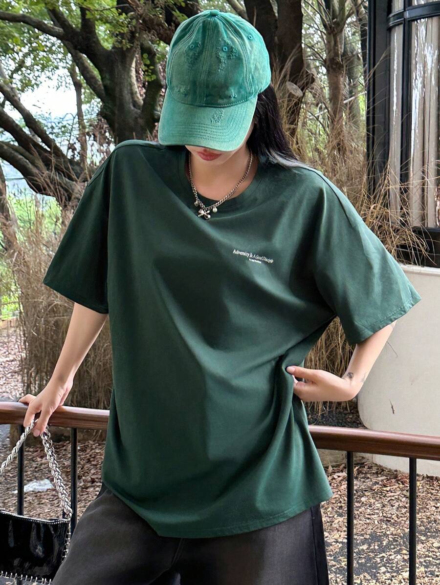 DAZY Women's Slogan Printed Drop Shoulder T-Shirt Adversity Is A Good Disciple No Gall No Glory Oversized T-Shirt School
