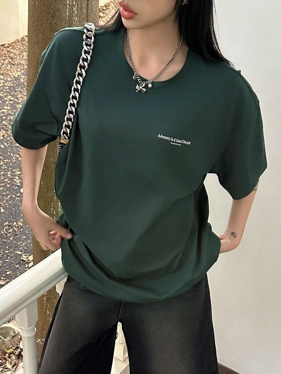 DAZY Women's Slogan Printed Drop Shoulder T-Shirt Adversity Is A Good Disciple No Gall No Glory Oversized T-Shirt School