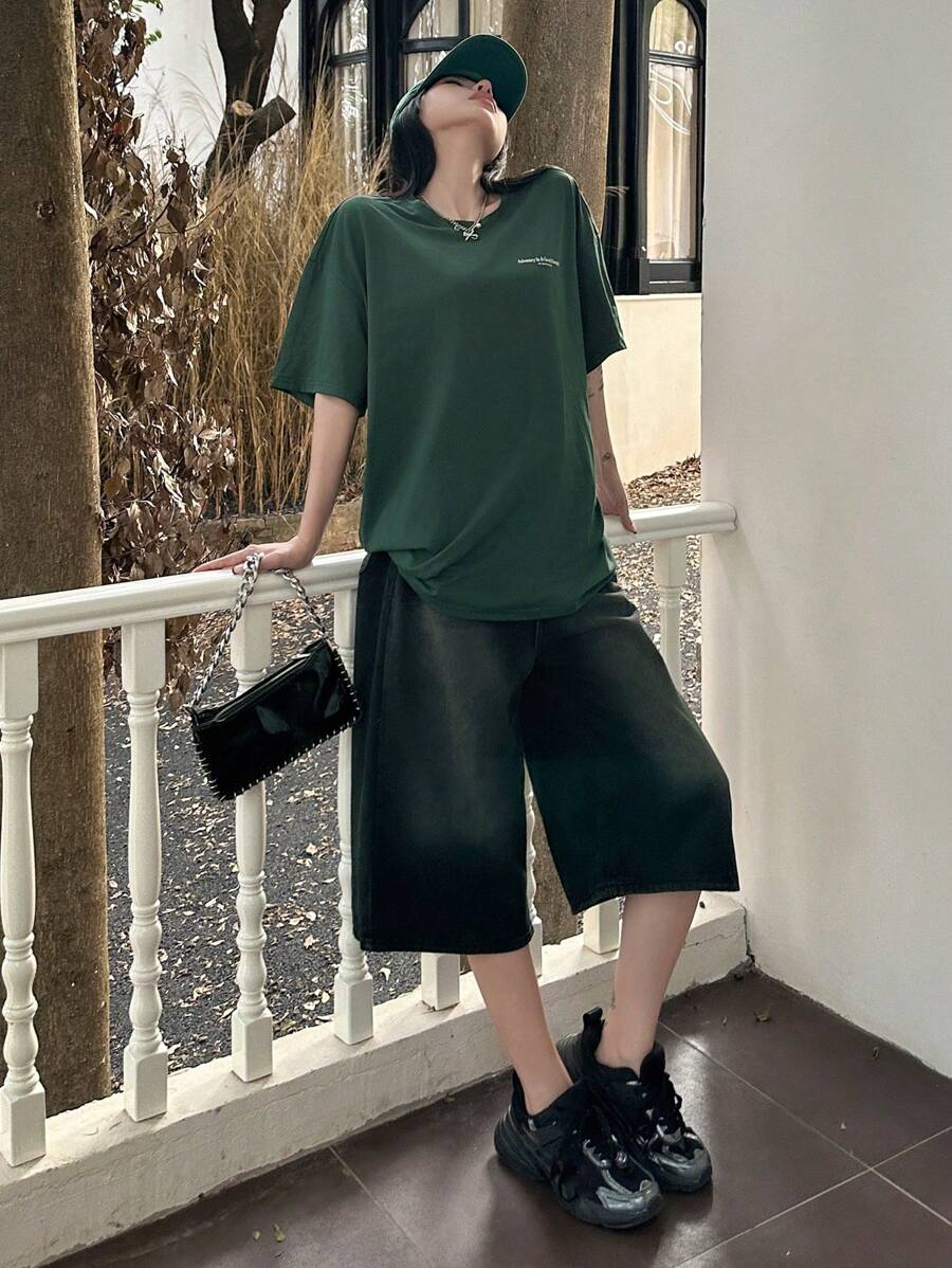 DAZY Women's Slogan Printed Drop Shoulder T-Shirt Adversity Is A Good Disciple No Gall No Glory Oversized T-Shirt School