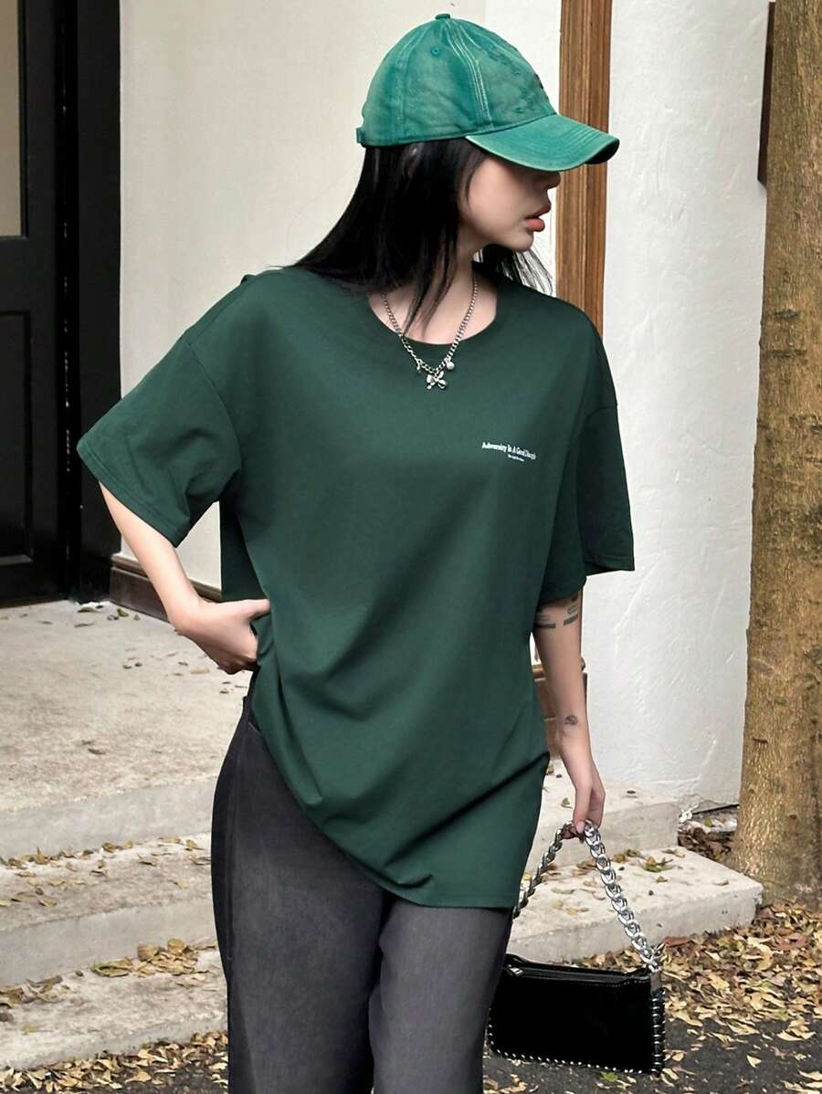 DAZY Women's Slogan Printed Drop Shoulder T-Shirt Adversity Is A Good Disciple No Gall No Glory Oversized T-Shirt School