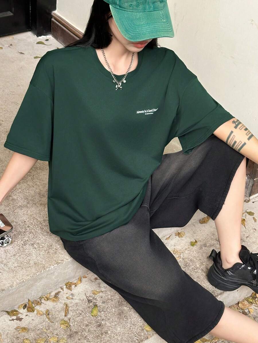 DAZY Women's Slogan Printed Drop Shoulder T-Shirt Adversity Is A Good Disciple No Gall No Glory Oversized T-Shirt School