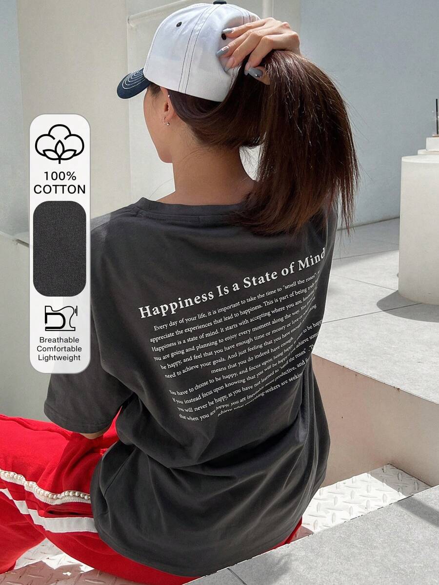 DAZY Slogan Graphic Drop Shoulder Tee Happiness Is A State Of Mind Oversized T-Shirt