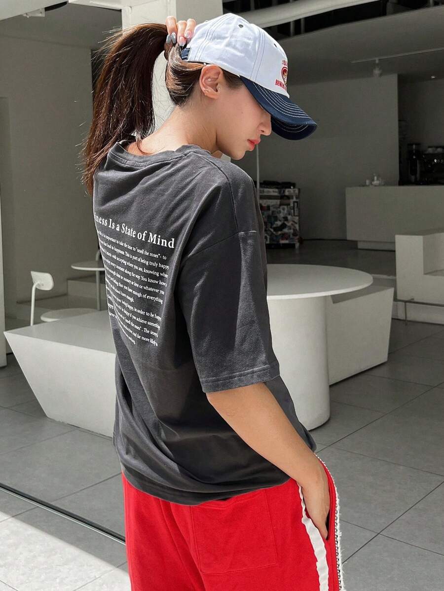 DAZY Slogan Graphic Drop Shoulder Tee Happiness Is A State Of Mind Oversized T-Shirt