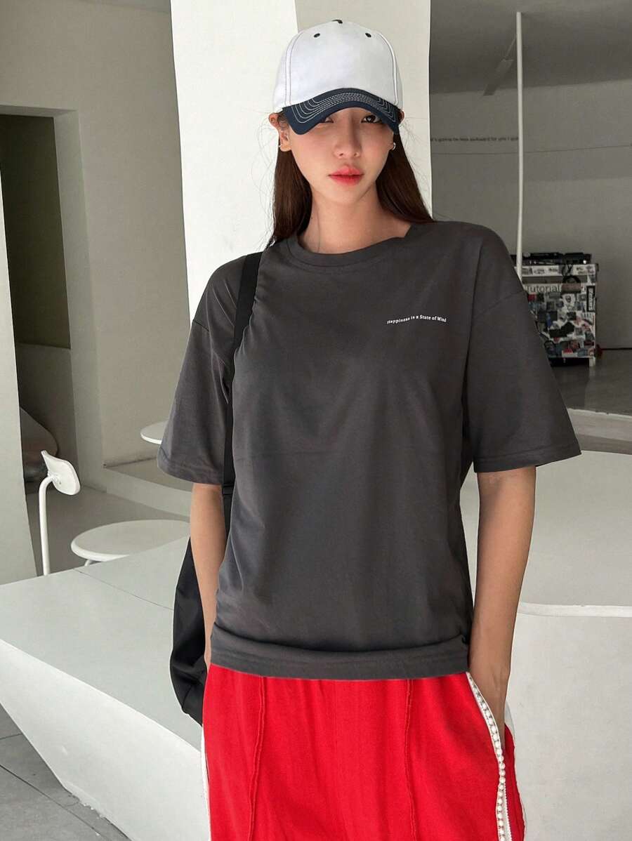 DAZY Slogan Graphic Drop Shoulder Tee Happiness Is A State Of Mind Oversized T-Shirt