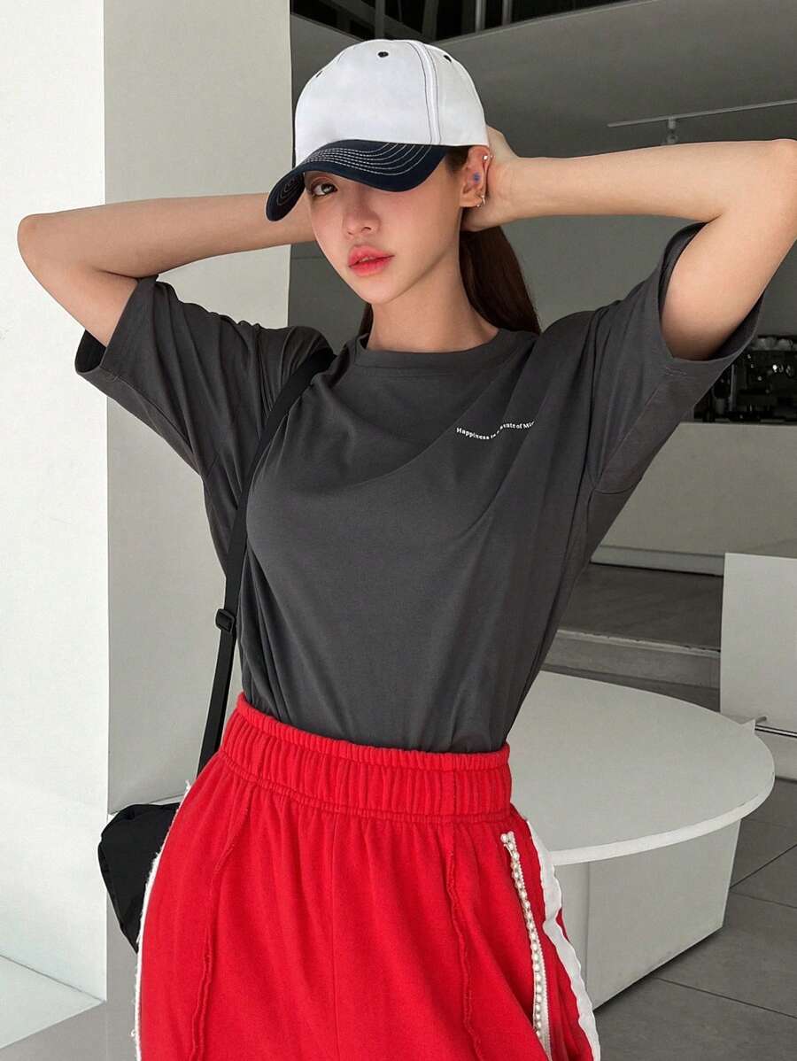 DAZY Slogan Graphic Drop Shoulder Tee Happiness Is A State Of Mind Oversized T-Shirt