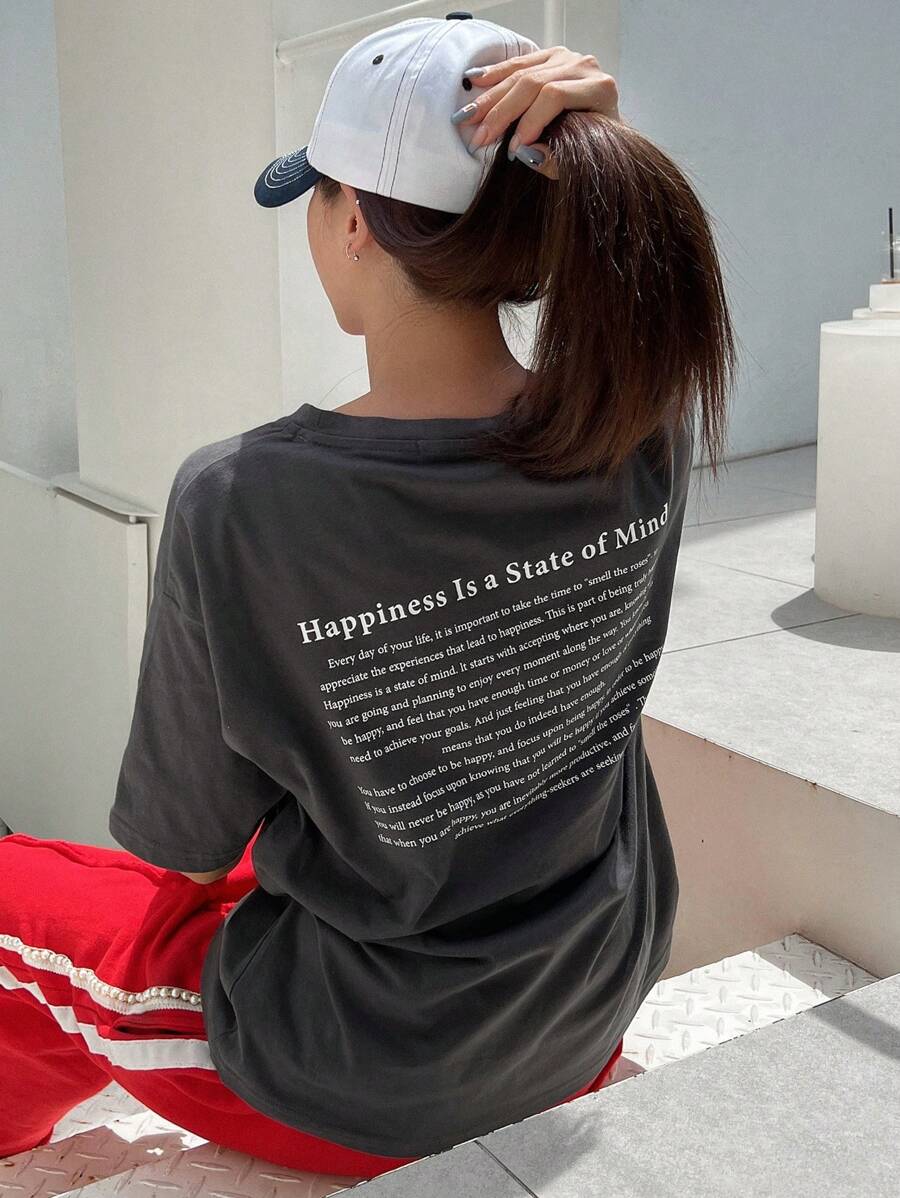 DAZY Slogan Graphic Drop Shoulder Tee Happiness Is A State Of Mind Oversized T-Shirt